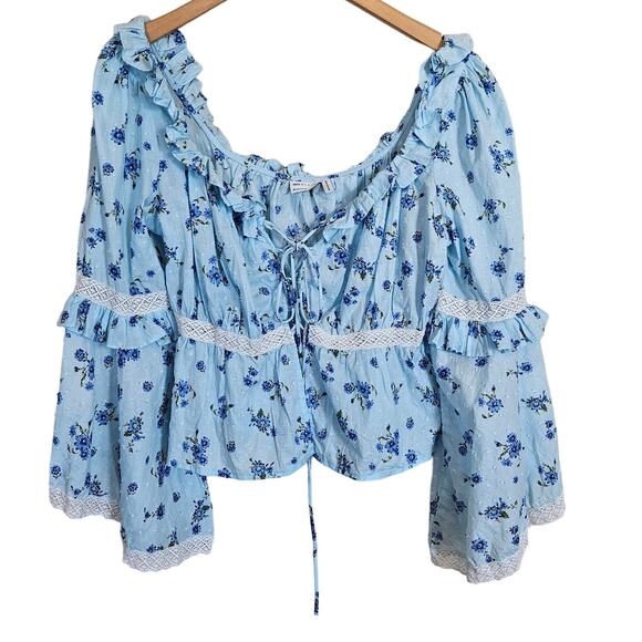 ASOS Bell Sleeve Lace Up Front Top Blue Floral Blouse Women's 10 Faerie Cottage - Picture 1 of 10